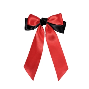 Elegant red and black contrast satin ribbon bow hair clip with long fluttering streamers