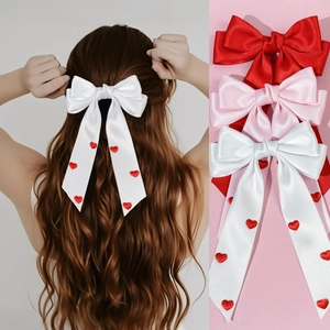 Barrette à Cheveux Nœud en Ruban Cœur Rouge Saint Valentin Satin Longues Lanières Doux Nœud Pince Crocodile pour Femme Accessoire de Cheveux Romantique