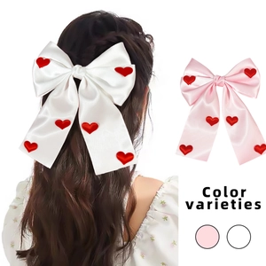 Elegant Satin Ribbon Bow Hair Clip with Red Heart Patterns Valentine's Day Large Bowknot Spring Clip Hair Accessory for Women Gift