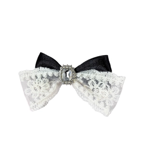 Barrette à cheveux élégante avec dentelle française, ruban en satin noir et strass chic