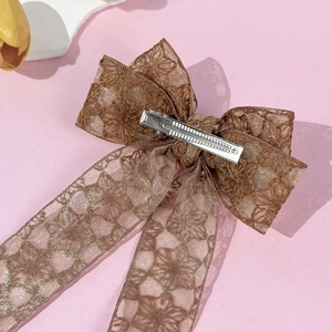 Elegant vintage brown lace bow hair clip with flower embroidery and metal spring clip