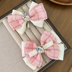 Barrette à Nœud Élégante en Tweed et Satin Avec Papillon en Strass et Pendentif Künstliche Perle Style Français Pince Bec de Canard pour Femme