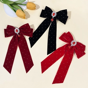 Elegant French Velvet Bow Hair Clip With Rhinestone Ruby Pendant Long Ribbon Barrette Sweet Princess Headwear For Women