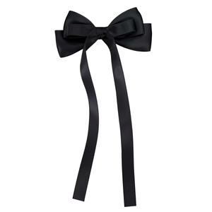 Elegant black satin bow hair clip with long ribbons in ballet core style for women