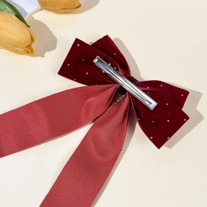 French velvet bow hair clip with ruby pendant and red ribbon streamers for women