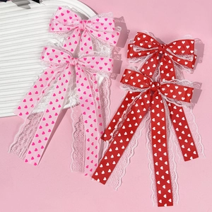 Pince à Cheveux Douce Noeud en Dentelle Imprimé Coeur Long Ruban Épingle à Cheveux Saint Valentin Cheveux Romantique Femme