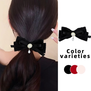Französische Vintage Samtschleife Haarspange mit Perlenanhänger und Strassverzierung