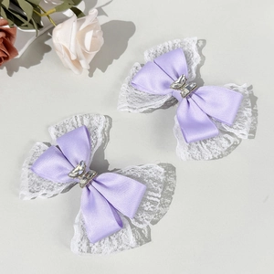 Sweet purple satin bow hair clips with lace trim and rhinestone butterfly details