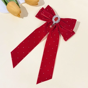 Elegant red velvet bow hair clip with ruby pendant and sparkling rhinestone floral accents