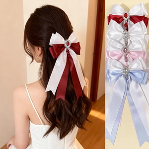 Sweet Princess Satin Bow Hair Clip With Long Ribbon Gemstone Rhinestone Pendant Elegant Princess Hair Accessory For Women Party