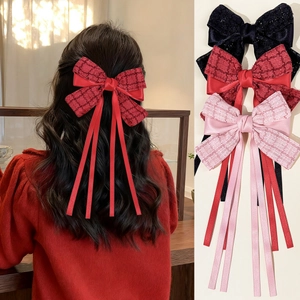 French Vintage Tweed Bow Hair Clip With Long Satin Ribbon For Women Elegant Plaid Duckbill Clip Hair Accessories Party Gift