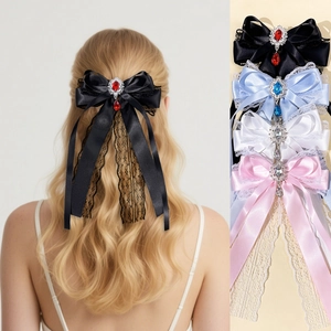 Elegant Satin Lace Bow Hair Clip With Long Streamer Floral Alloy Rhinestone Pendant Sweet Hairpin Lolita Jewelry For Women