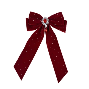 French velvet bow hair clip with red ruby pendant and sparkling silver rhinestones