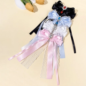Elegant ballet style lace bow hair clips with gemstone pendants in four colors