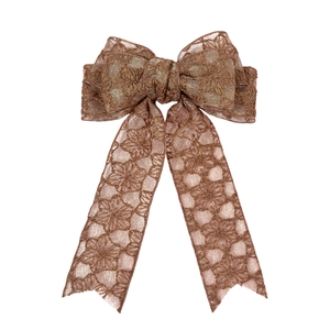 Elegant dark brown lace floral bow hair clip with vintage long ribbons for women
