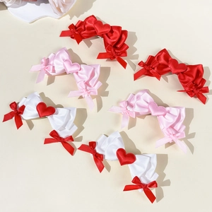 Sweet Satin Ribbon Bowknot Hair Clips With Heart Decor For Women Girls Cute Valentine's Day Lolita Hair Accessories