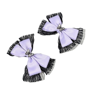Gothic purple satin hair bow clips with black lace trim and crystal butterfly accents