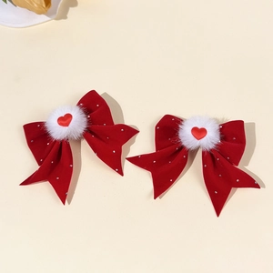 Paia di fermagli per capelli a fiocco in velluto rosso con pompon e strass