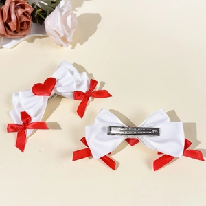 Sweet red heart and white ribbon bow hair clips set for a princess lolita hairstyle