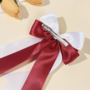 Elegant red and white layered bow hair clip with satin ribbon and metal duckbill clip