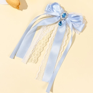 Elegant blue satin ballet lace bow hair clip with luxury blue gemstone pendant