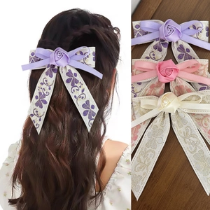 Elegant French Vintage Embroidery Rose Bow Hair Clip Satin Flower Duckbill Clip For Women Ethnic Handmade Hair Accessories