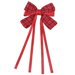 Elegant red bow hair clip with satin ribbons and glitter mesh for festive occasions