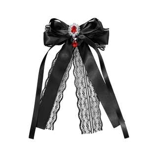 Gothic lace bow hair clip with vintage red gemstone pendant and black silk ribbons
