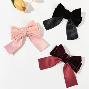 French Retro Velvet Satin Ribbon Bow Hair Clip Elegant Double Layer Large Hairpin Duckbill Clip For Women Hair Accessory