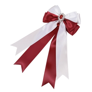 Elegant red and white bow hair clip with vintage silver metal base and red gemstones