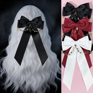 Elegant satin bow hair clip with golden star chain tassel in black, red and white colors