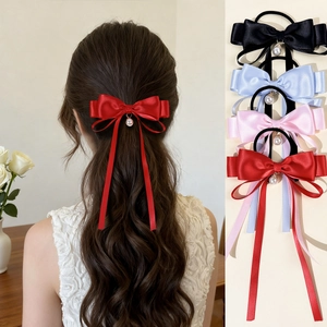 Balletcore Satin Bow Hair Tie With Long Streamer Artificial Pearl Pendant Sweet Ribbon Elastic Hair Rope For Women Girls Jewelry