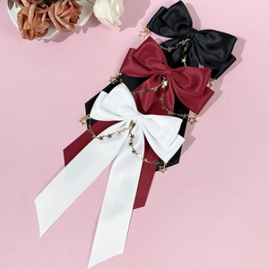 Satin Bow Hair Clip With Star Chain Long Ribbon Tassel Vintage Elegant Hairpin For Women Party Hair Accessories