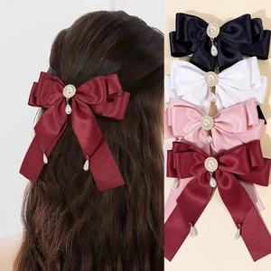Eleganter Satin Schleife Haarklammer Mit Kunstperle Anhänger Großer Schmetterlingsknoten Entenschnabel Clip Für Damen Haarschmuck