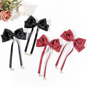Lolita bow hair clips set in black and burgundy with elegant pearl pendants and ribbons