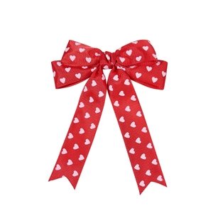 Barrette nœud rouge en gros-grain avec motifs cœurs roses et longs rubans pour filles