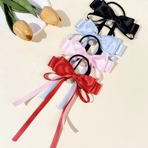 Elegant satin bow hair ties with pearl pendants in black, blue, pink and red colors