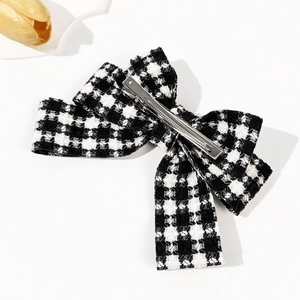 Elegant houndstooth bow hair clip with silver metal alligator grip for women
