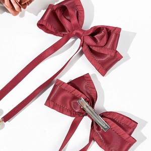 Japanese Lolita wine red satin bow hair clips with long ribbons and pearl pendants