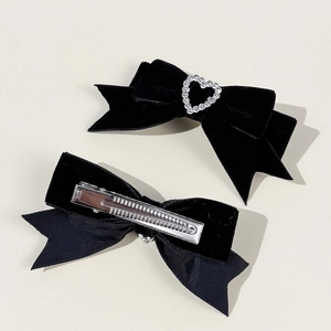 Barrette à cheveux nœud en velours noir vintage avec strass en cœur et clip crocodile en métal