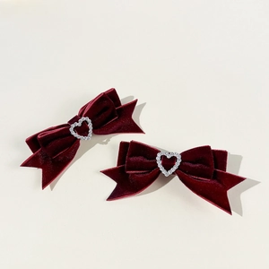 Lot de 2 barrettes à cheveux vintage en velours bordeaux avec strass en cœur