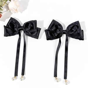 Pair of black satin Lolita bow hair clips with long ribbons and pearl pendants