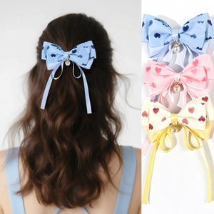 Barrette à Cheveux Nœud en Satin Imprimé Cœur Avec Pendentif Fausse Künstliche Perle Ruban Long Élégant Pour Femmes Filles