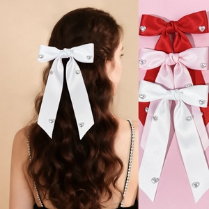 Valentine Satin Bow Hair Clip For Women Sweet Heart Artificial Pearl Ribbon Hair Accessory Red White Pink Handmade Duckbill Clip