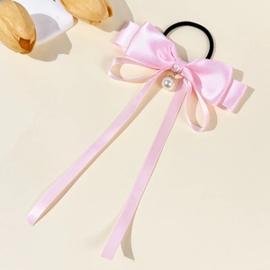 Pink satin ribbon hair tie with bow and pearl pendant for a sweet feminine look