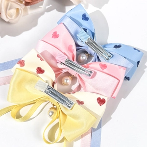Barrettes à nœuds avec imprimé cœurs et perles, tons bleu, rose et beige pour filles