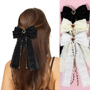 Barrette Nœud en Dentelle Lolita avec Chaîne d'Étoiles et Cœur pour Femme Gland en Strass Pince Bec de Canard Accessoires