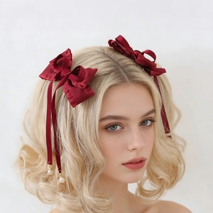 Sweet Lolita Satin Bow Hair Clips With Long Streamer Artificial Pearl Pendant Vintage Handmade Ribbon Hairpins For Women Girls Accessory