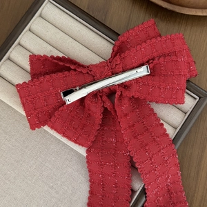 Barrette à cheveux élégante en tweed rouge avec nœud et pince en métal argenté