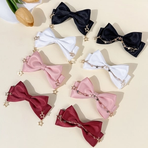 Handmade Satin Ribbon Bow Hair Clip For Women Korean Sweet Style Star Charm Metal Chain Hairpin Daily Fashion Hair Accessories